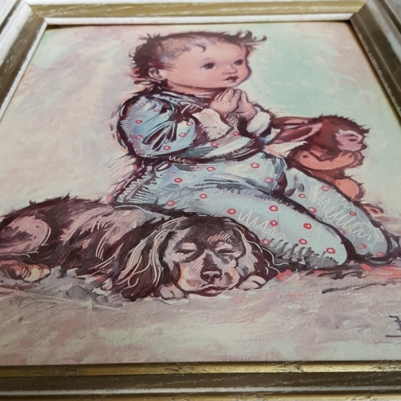 VTG Framed Bukac Litho Art Boy Praying w/Puppy - Picture 2 of 8